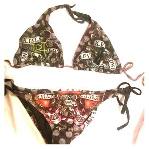 Ed Hardy Love Kills Slow Swimsuit L top S bottoms